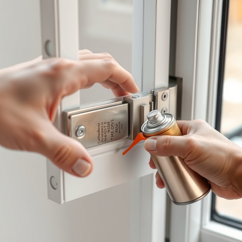 <clean photorealistic photo of a close-up view of Egepen Stil window hinge and lock mechan