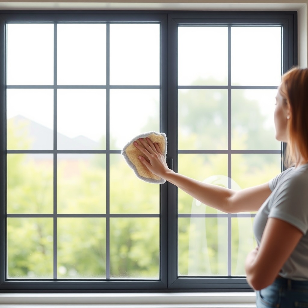 <clean photorealistic photo of a woman cleaning a PVC window frame with a soft microfiber