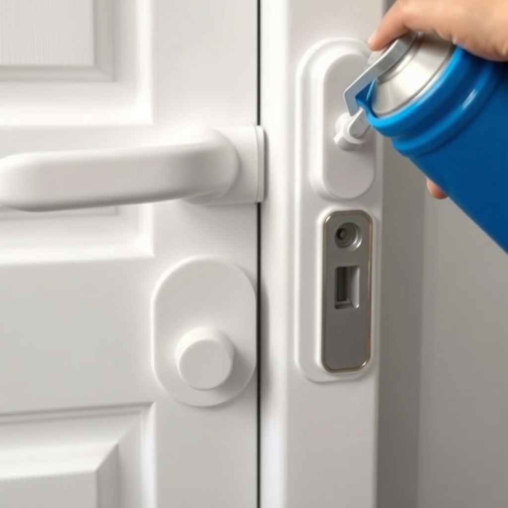 <clean photorealistic photo of a PVC door handle and lock being oiled with a spray