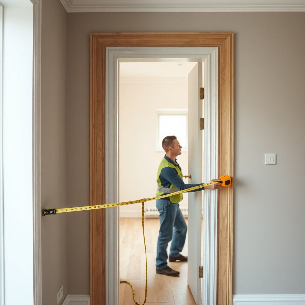 photorealistic photo of a worker measuring a door frame with a tape measure in a Turkish h