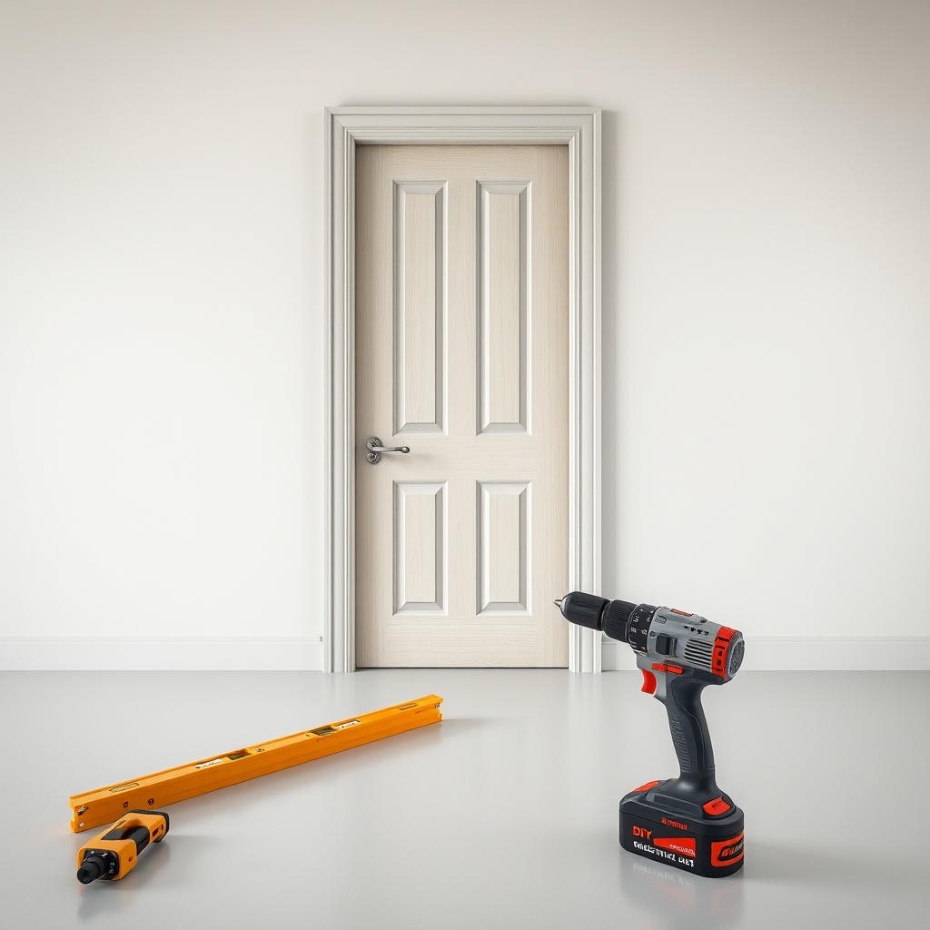 photorealistic photo of a door installation with tools like a spirit level and drill place