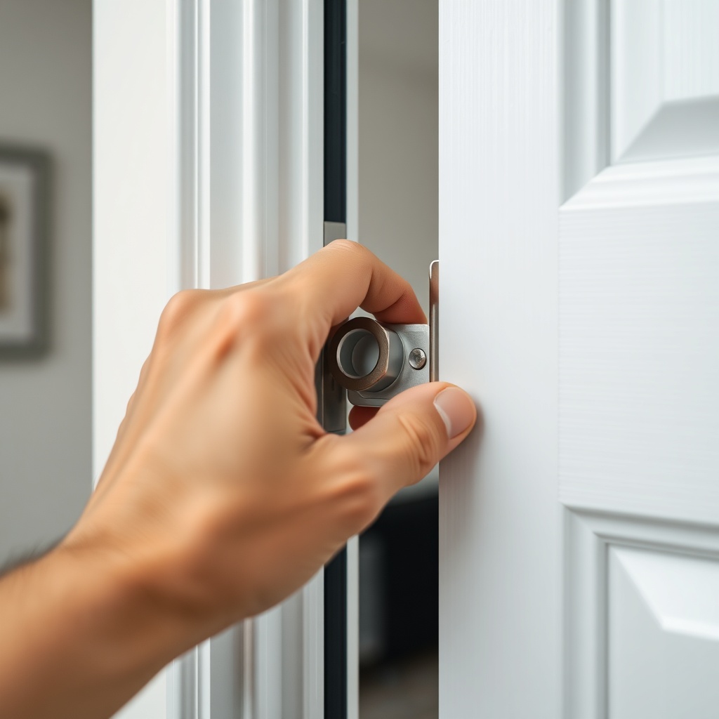 Close-up photorealistic shot of a hand adjusting a hexagonal screw on a metal hinge of a w
