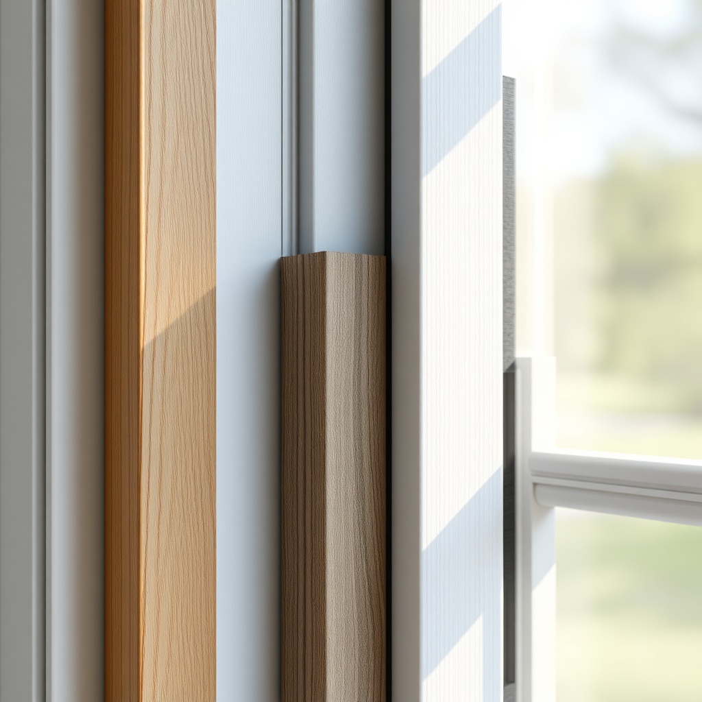 A photorealistic close-up of three different PVC window profiles side by side