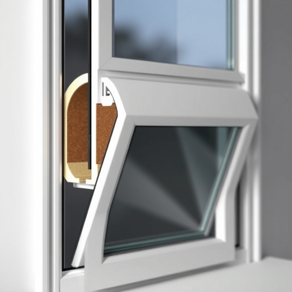 <clean photorealistic photo/illustration of a modern PVC window showcasing insulation and